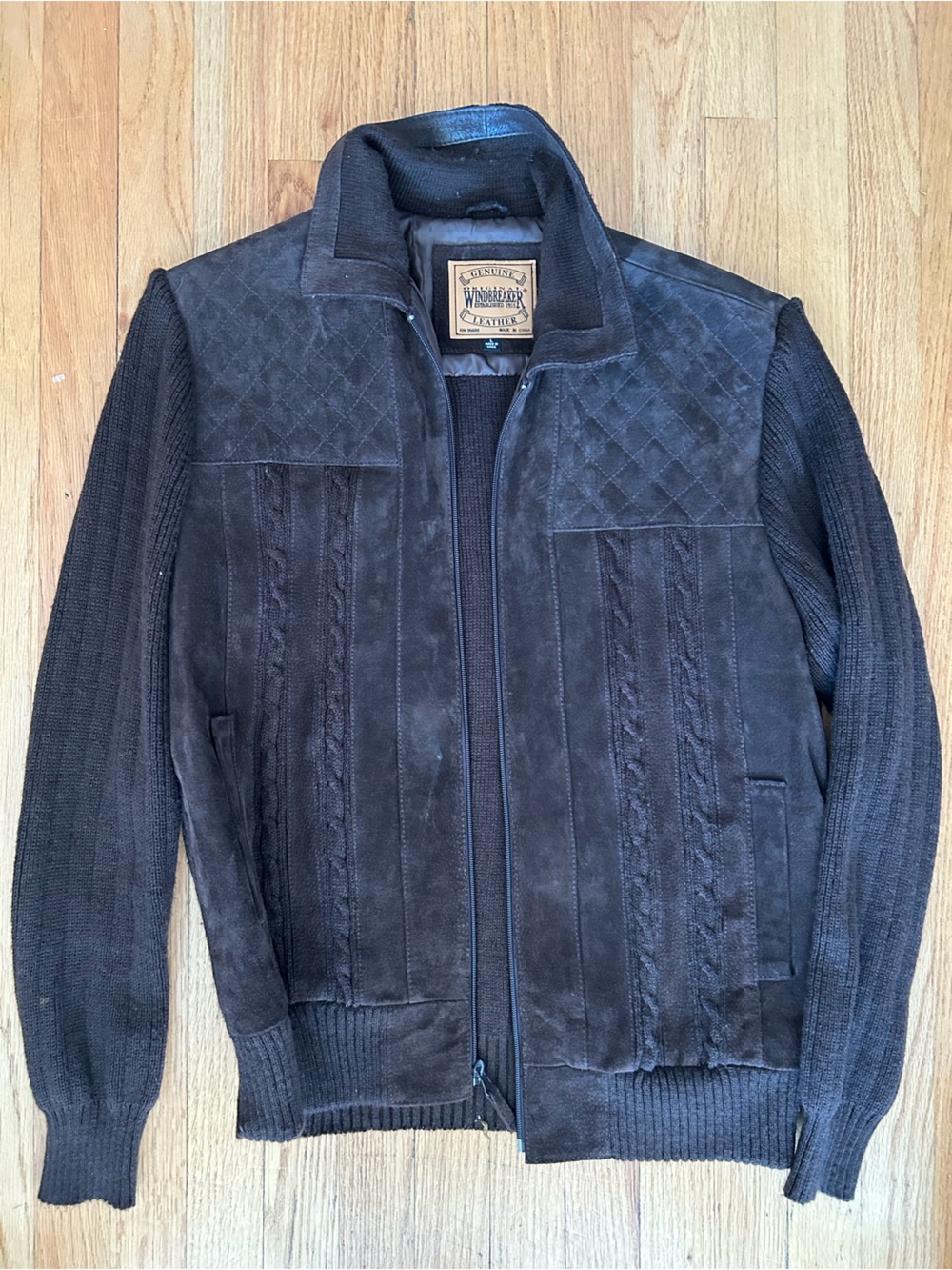 Genuine original windbreaker Leather Brown & Knit Zip Sweater jacket vintage